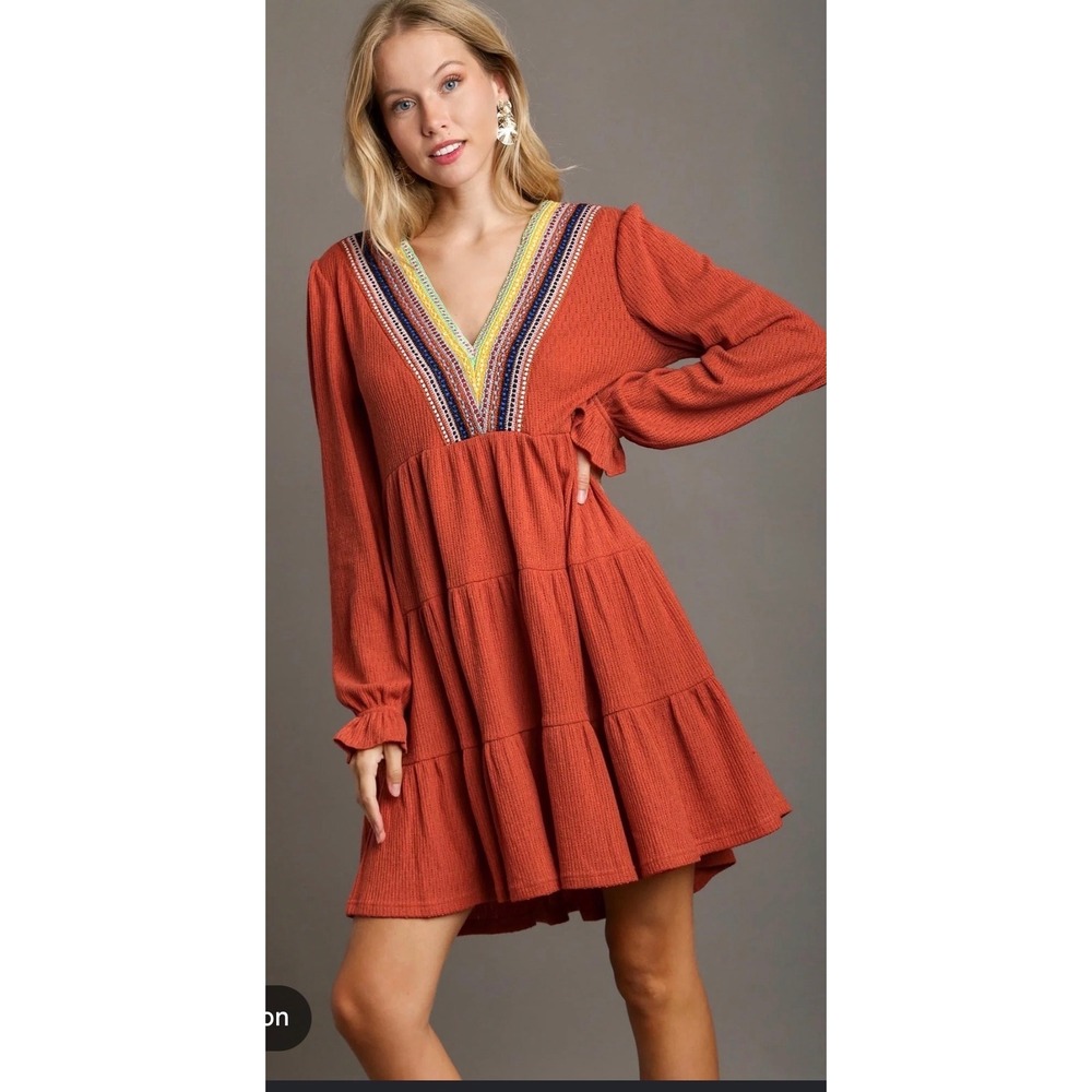 Umgee Womens Rust Orange Embroidered V-Neck Tiered Babydoll Mini Dress Large NWT
